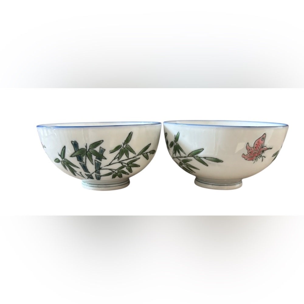 Hand-Painted Chinese small Porcelain rice Bowls 2  hand stamped bamboo butterfly